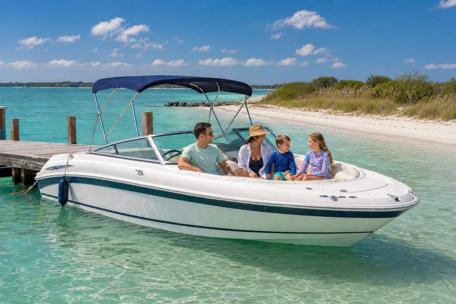 Family relaxing on a powerboat near the beach